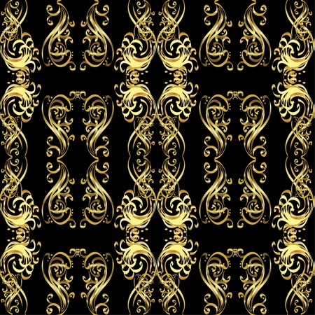 Seamless vintage pattern on black background with golden elements.のイラスト素材