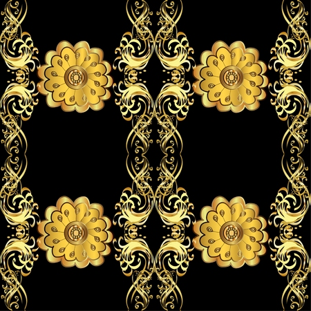 Seamless vintage pattern on black background with golden elements.のイラスト素材