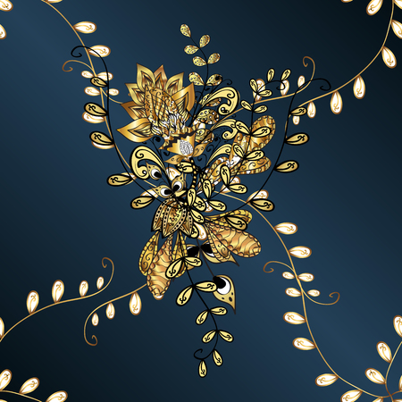 Vector pattern on blue gradient background with golden flowersのイラスト素材