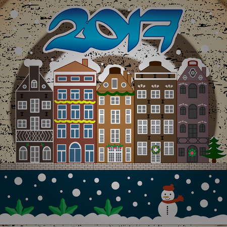 Winter town. Urban winter landscape. Cityscape. Vector illustration, flat style.のイラスト素材