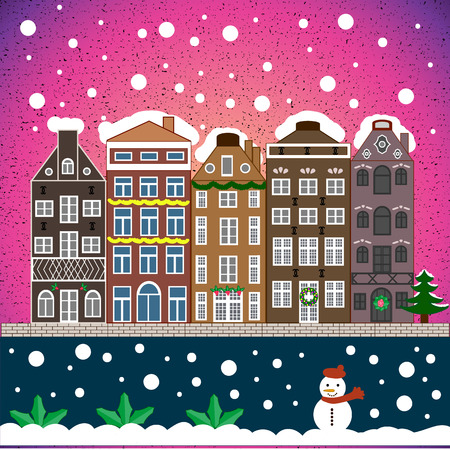 Winter town. Urban winter landscape. Cityscape. Vector illustration, flat style.のイラスト素材
