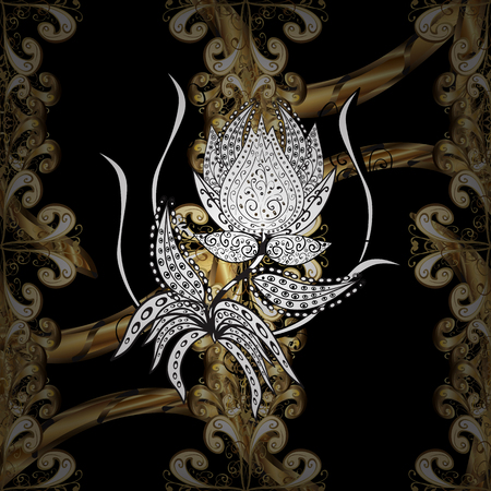 Seamless vintage pattern on black background with golden elements.のイラスト素材