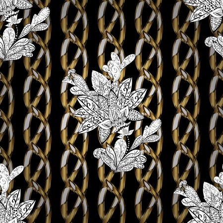 Seamless vintage pattern on black background with golden elements.のイラスト素材
