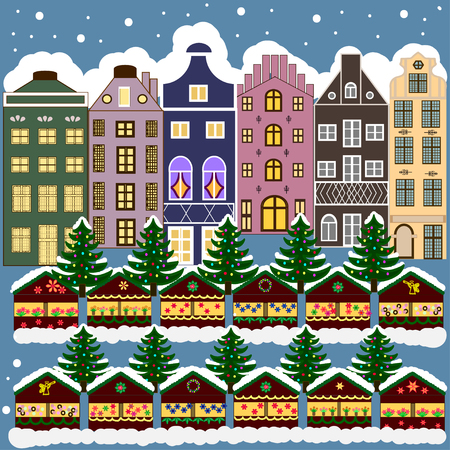 Vector xmas card with a decorated snowy old town at Christmas eveのイラスト素材