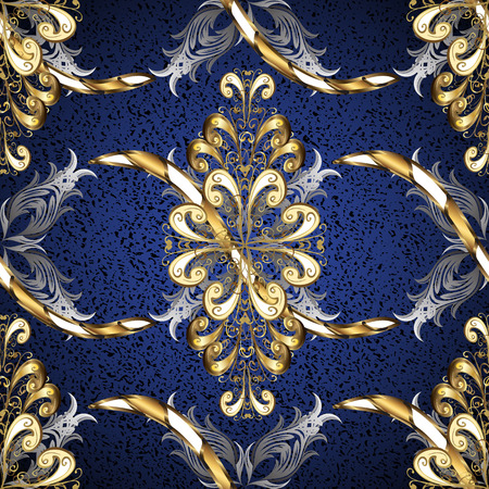 Vintage pattern on blue background with golden and silver elements.のイラスト素材