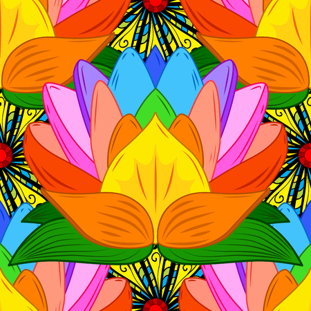 Colorful lotus flowers. Seamless background. Vector illustration.のイラスト素材