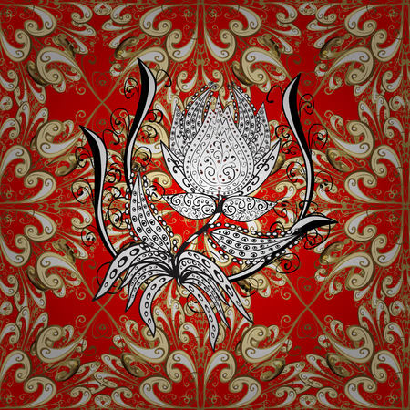 Seamless vintage pattern on red background with golden and white elementsのイラスト素材