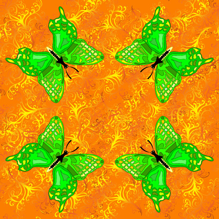 Vector Illustration of pattern with green buttrflies on yellow background.のイラスト素材