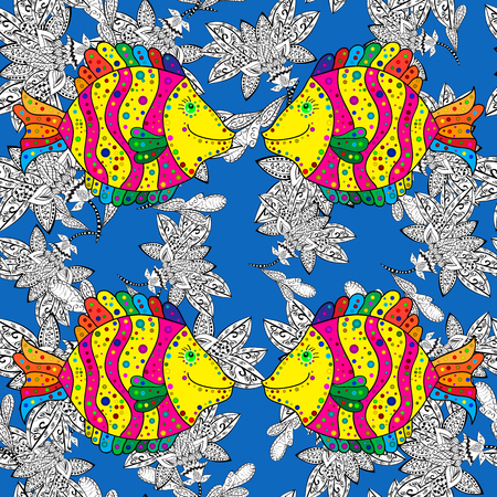 Background of colorful fish and doodles seaweed on blue background.のイラスト素材