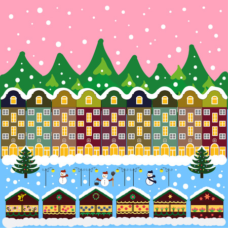 Winter city flat landscape. Colored vector illustrationのイラスト素材