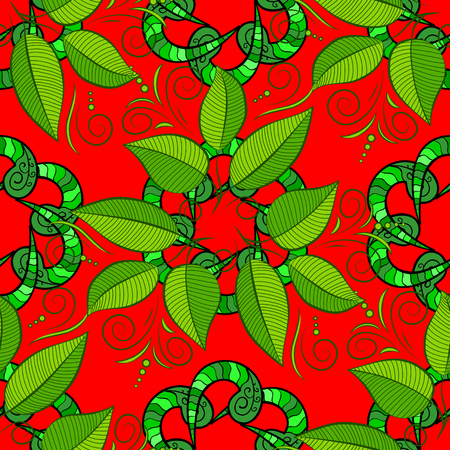 seamless red background with green leaves. Vector illustration.のイラスト素材