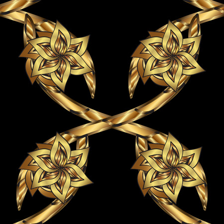 Seamless vintage pattern on black background with golden elements. Vector illustration.のイラスト素材