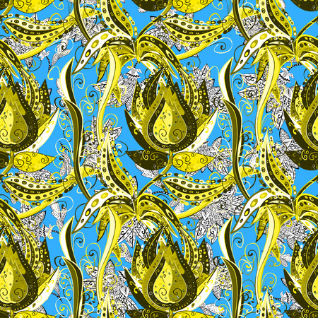 Vector doodles flowers on blue background.のイラスト素材