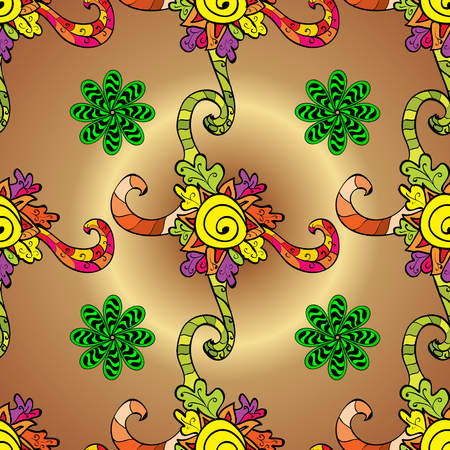 Vintage pattern on brown round gradient background with colorful floral elements.のイラスト素材