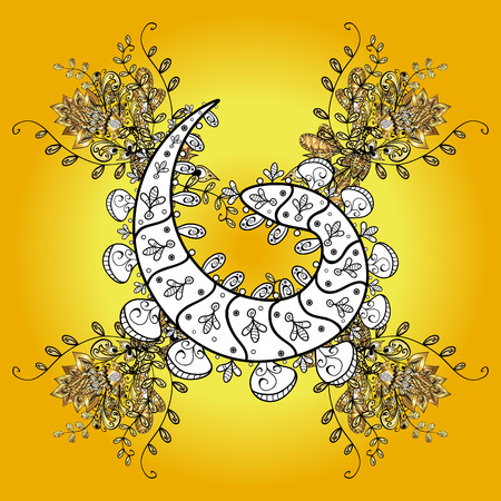 Abstract pattern on yellow background with floral golden and white doodles elements. Vector illustration. Pattern background.のイラスト素材