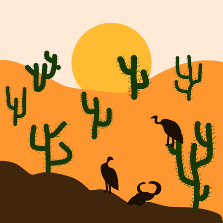 Cactus plants in desert sunset background. Vector illustration.のイラスト素材