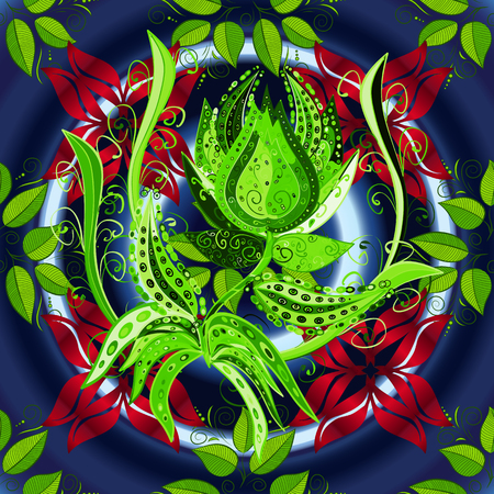 Summer colorful round pattern with green tropical plants and red flowers, vector illustrationのイラスト素材