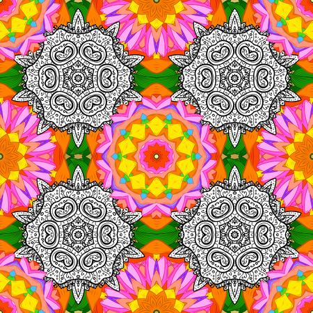 Flower pattern seamless background with white doodles mandala. Vector illustration.のイラスト素材