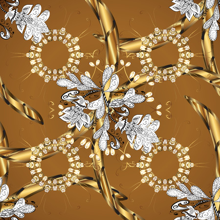 Seamless vintage pattern on brown background with golden and white doodles elements.のイラスト素材