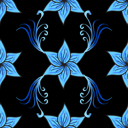 Seamless vector floral pattern with five-petal blue flowers on black backgroundのイラスト素材