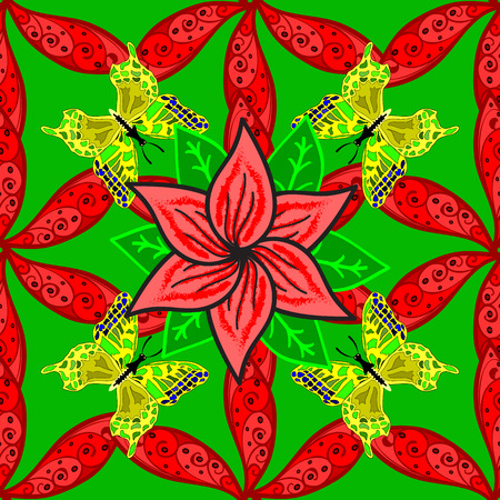 seamless pattern hand drawn red flowers and green leaves on a green background with green butterflies.のイラスト素材