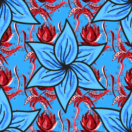 Summer seamless natural background with blue and red flowers . Vector.のイラスト素材