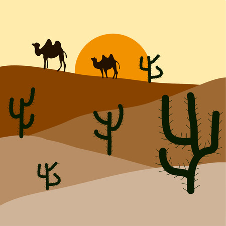 Silhouette of blooming cactuses and western desert on the background of light yellow sky.のイラスト素材