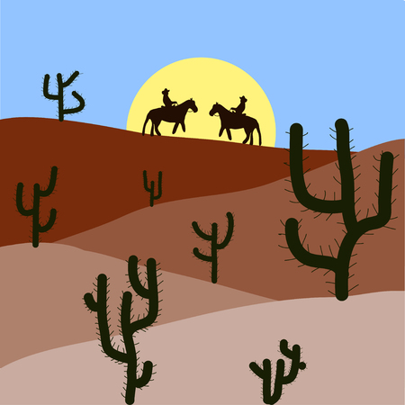 Silhouette Of Blooming Cactuses And Western Desert On The