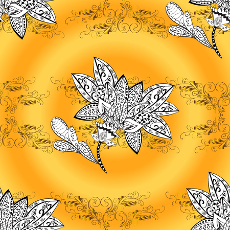 vintage pattern on orange, yellow on gradient background with white doodles and golden pattern elements.のイラスト素材