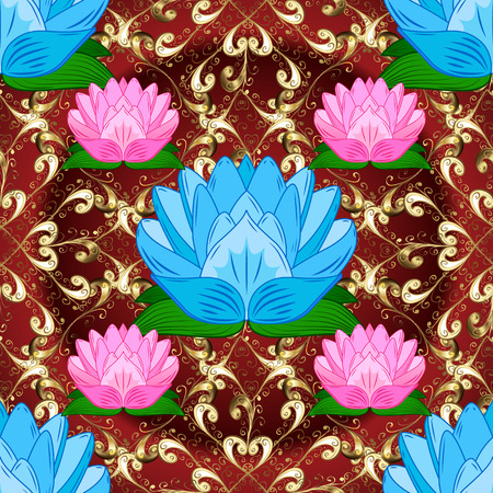 Golden pattern on brown background with white doodles flower. Vector.のイラスト素材