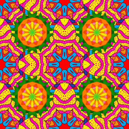 Seamless floral mandala pattern in pink, turquoise green, blue and pale orange on floral yellow background.のイラスト素材