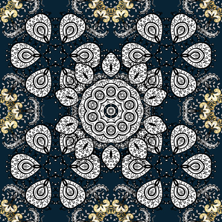 Seamless vintage pattern on dark blue background with golden elements.のイラスト素材