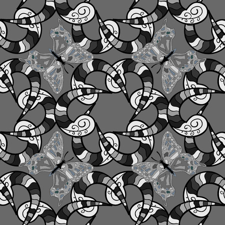 Doodle colorful pastel floral hand draw seamless pattern. illustration. Ornate flowers ornament. Black white gray tone colors on black background with stripe doodles and butterflies .のイラスト素材