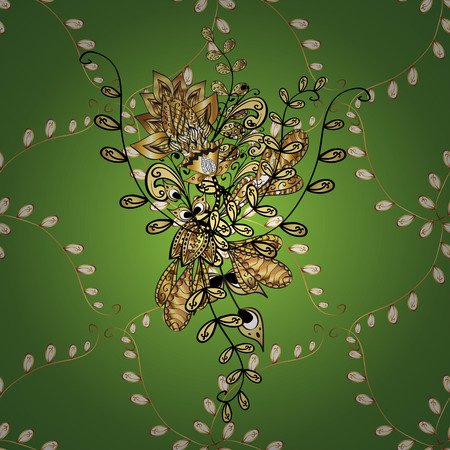 Vector pattern on green gradient background with golden flowersのイラスト素材