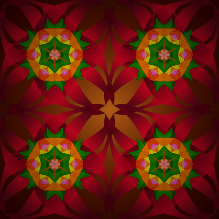 Seamless floral mandala pattern, turquoise green and pale orange on floral red background.のイラスト素材