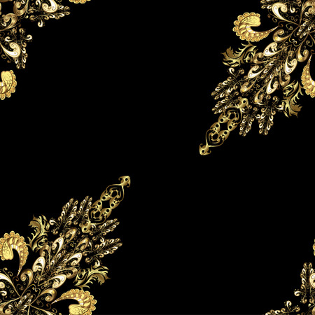 Vintage pattern on black background with golden elements. Vector.のイラスト素材