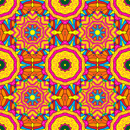 Seamless floral mandala pattern in pink, turquoise blue and pale orange. Vector.のイラスト素材