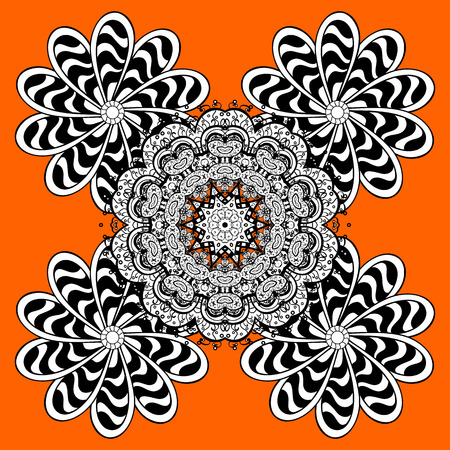 Seamless background. Circle flower mandalas seamless pattern in black white and yellow, orange, red, vectorのイラスト素材