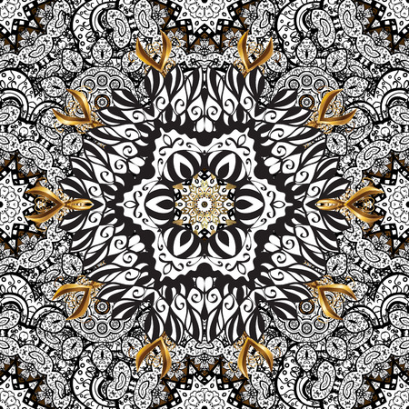 Seamless vintage pattern on golden background with white floral elements.のイラスト素材