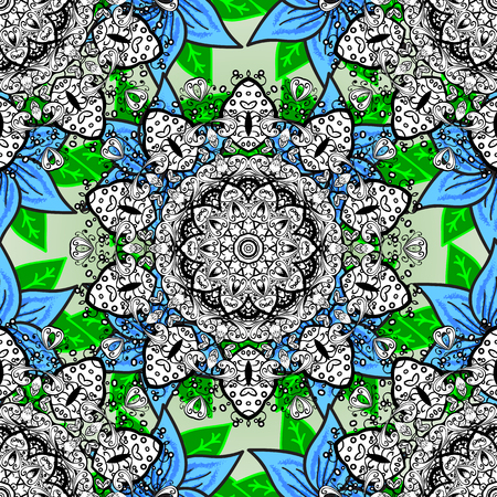 Seamless background. Flower mandalas seamless pattern in black white, green, blue, vectorのイラスト素材