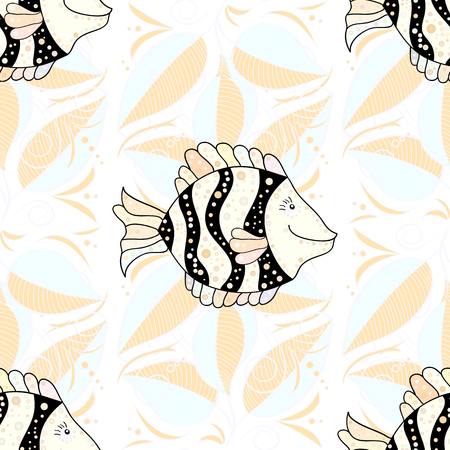 Stripe doodles fishes on white and light background with flowers. Vector.のイラスト素材