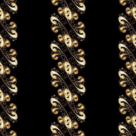 Seamless vintage pattern on black background with golden elements.のイラスト素材