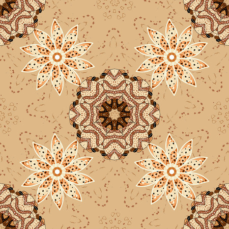Seamless pattern with Mandalas. Vector ornaments, background. Brown. Beige.のイラスト素材