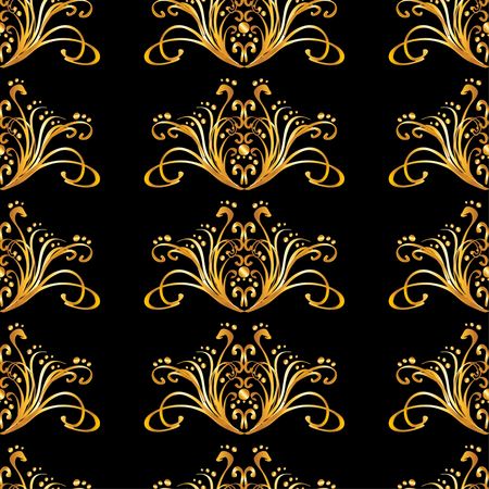 Seamless vintage pattern on black background with golden elements.のイラスト素材