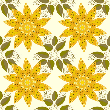 Seamless background. Circle flower mandalas seamless pattern in white and yellow, orange, vectorのイラスト素材