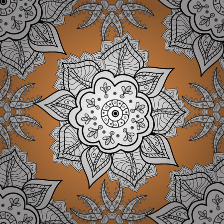 Seamless background. Circle flower mandalas seamless pattern in black white and yellow, orange, atomic tangerine. Doodles flower. vectorのイラスト素材