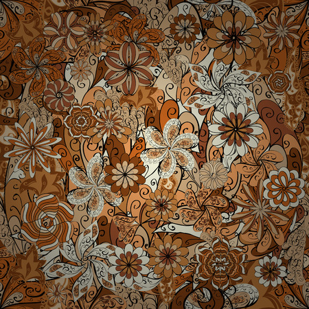 vector floral seamless pattern with autumn leaves and flowers. Brown.のイラスト素材