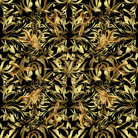 Seamless vintage pattern on black background with golden elements.のイラスト素材