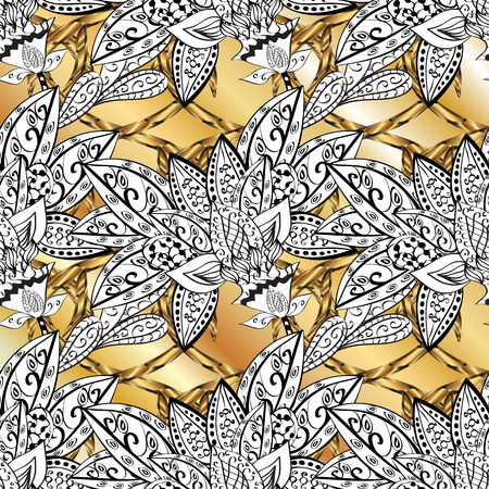 Vintage pattern on stripe yellow and brown background with golden elements.のイラスト素材