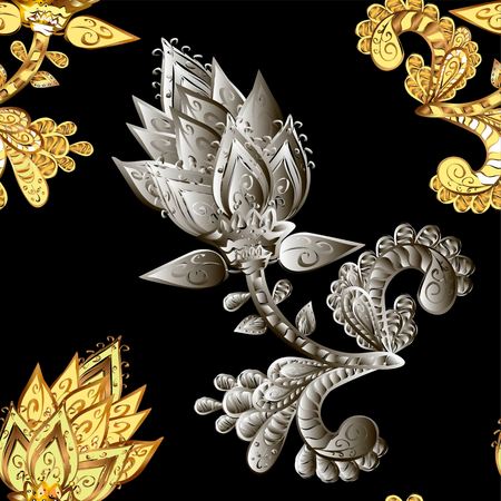 Seamless vintage pattern on black background with golden and silver elements.のイラスト素材